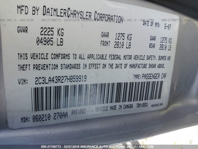 2C3LA43R27H859919 - 2007 CHRYSLER 300 SILVER photo 9