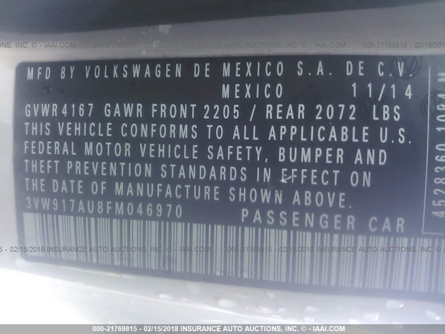 3VW917AU8FM046970 - 2015 VOLKSWAGEN GOLF WHITE photo 9