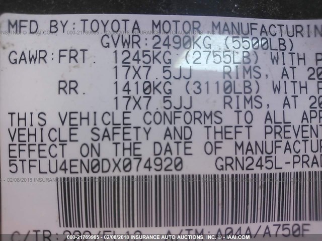 5TFLU4EN0DX074920 - 2013 TOYOTA TACOMA DOUBLE CAB შავი ფოტო 9