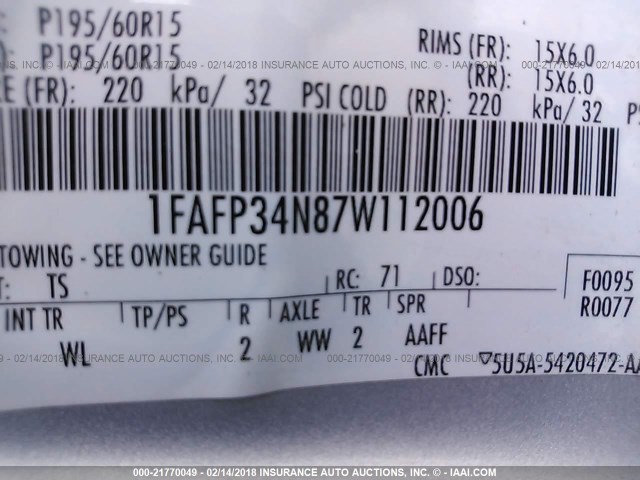 1FAFP34N87W112006 - 2007 FORD FOCUS ZX4/S/SE/SES 银色 照片 9