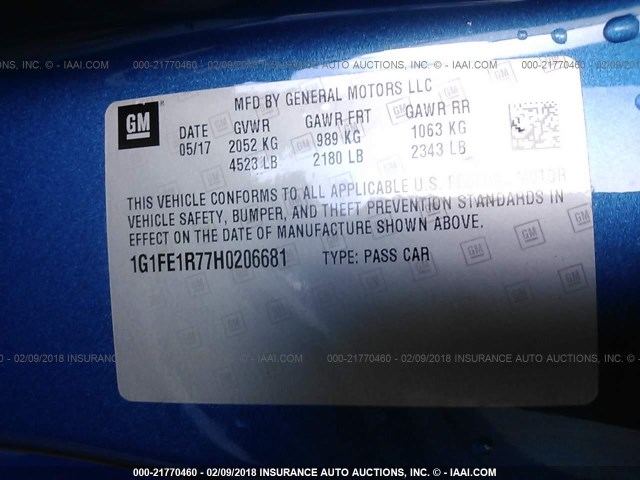 1G1FE1R77H0206681 - 2017 CHEVROLET CAMARO SS Azul foto 9
