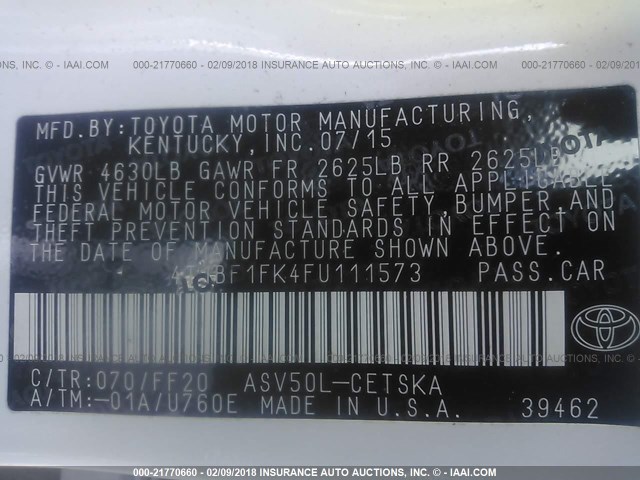 4T1BF1FK4FU111573 - 2015 TOYOTA CAMRY LE/XLE/SE/XSE WHITE photo 9