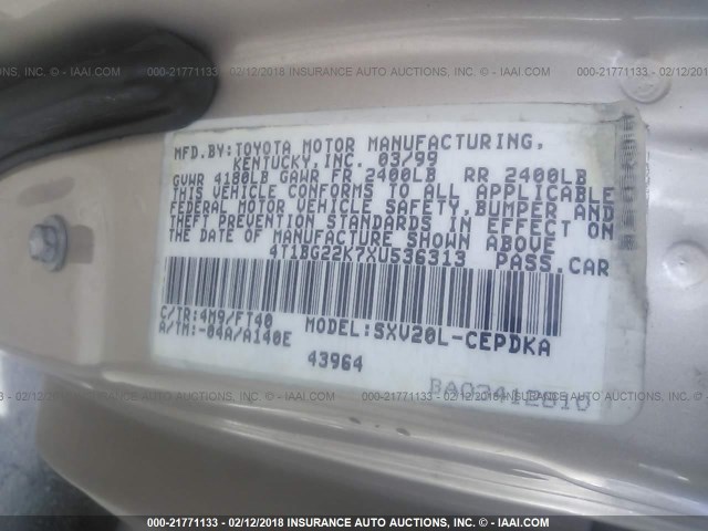 4T1BG22K7XU536313 - 1999 TOYOTA CAMRY CE/LE/XLE 棕色 照片 9