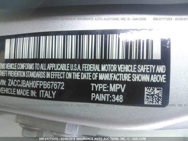 ZACCJBAH0FPB67672 - 2015 JEEP RENEGADE SPORT Արծաթագույն լուսանկար 9