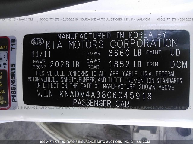 KNADM4A38C6045918 - 2012 KIA RIO LX Սպիտակ լուսանկար 9