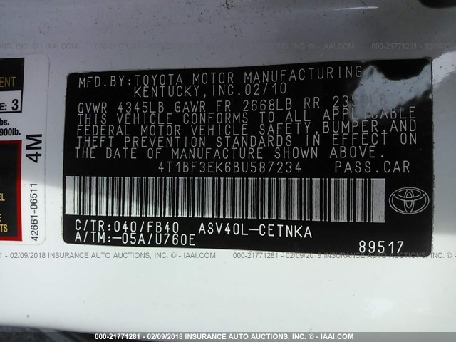 4T1BF3EK6BU587234 - 2011 TOYOTA CAMRY SE/LE/XLE WHITE photo 9