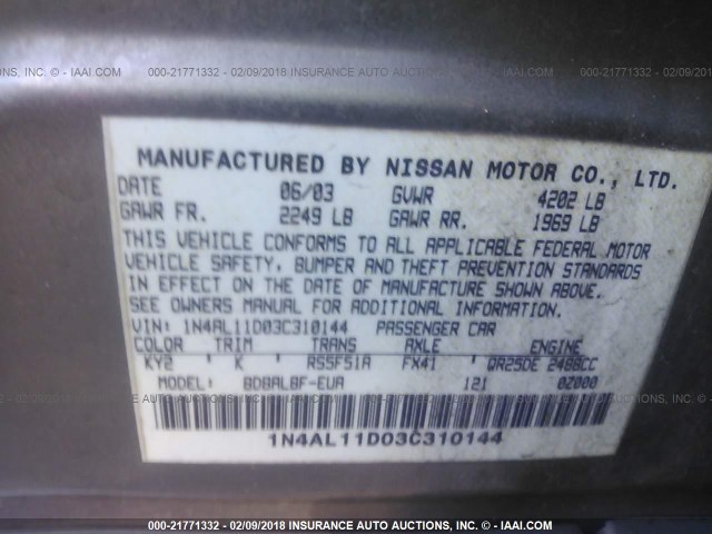 1N4AL11D03C310144 - 2003 NISSAN ALTIMA S/SL GRAY photo 9