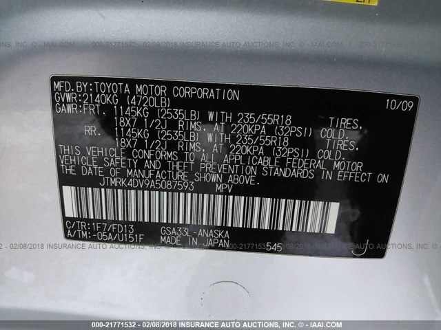 JTMRK4DV9A5087593 - 2010 TOYOTA RAV4 SPORT SILVER photo 9