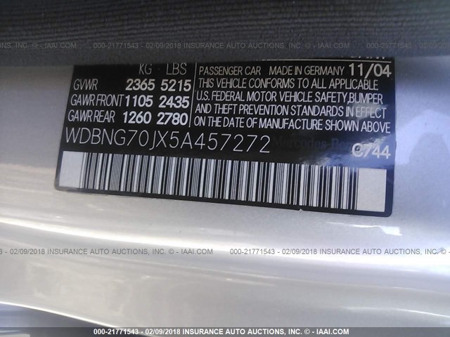 WDBNG70JX5A457272 - 2005 MERCEDES-BENZ S 430 SILVER photo 9