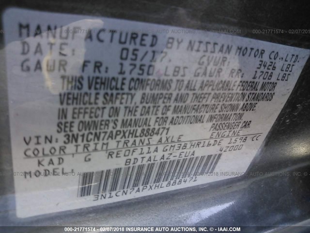 3N1CN7APXHL888471 - 2017 NISSAN VERSA S/S PLUS/SV/SL GRAY photo 9