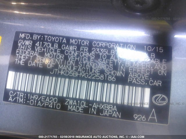 JTHKD5BH9G2258186 - 2016 LEXUS CT 200 GRAY photo 9