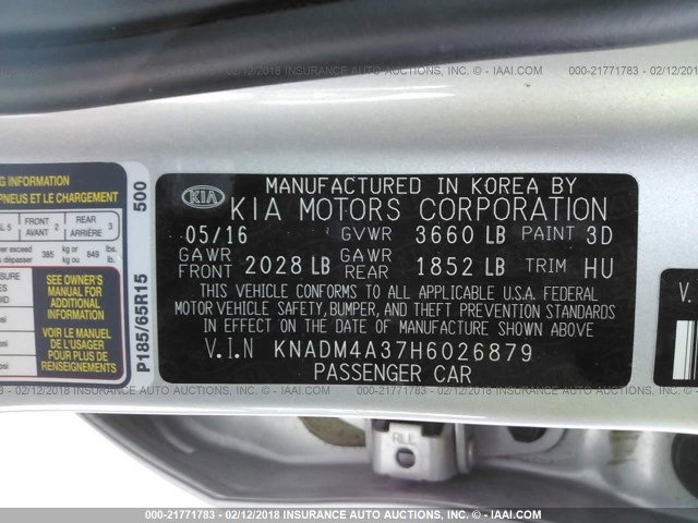 KNADM4A37H6026879 - 2017 KIA RIO LX Արծաթագույն լուսանկար 9