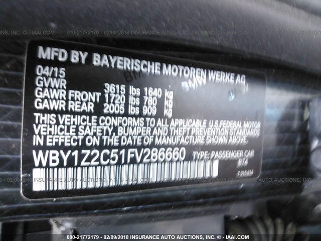 WBY1Z2C51FV286660 - 2015 BMW I3 BEV BLACK photo 9