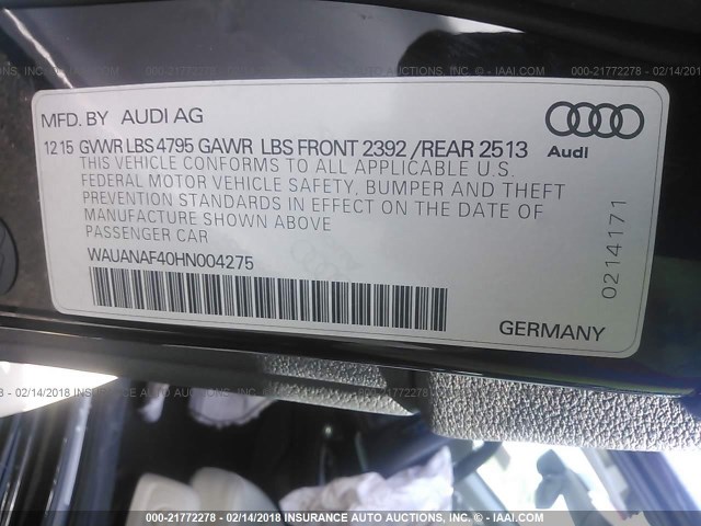 WAUANAF40HN004275 - 2017 AUDI A4 PREMIUM BLACK photo 9