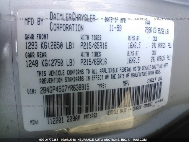 2B4GP45G7YR638915 - 2000 DODGE CARAVAN SE/SPORT SILVER photo 9