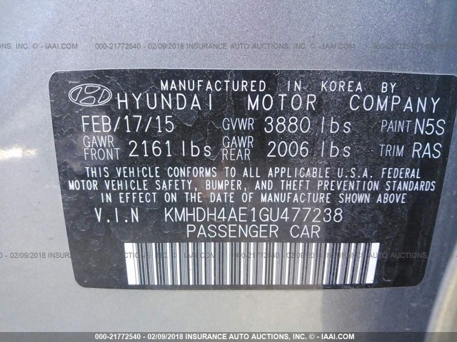 KMHDH4AE1GU477238 - 2016 HYUNDAI ELANTRA SE/SPORT/LIMITED GRAY photo 9