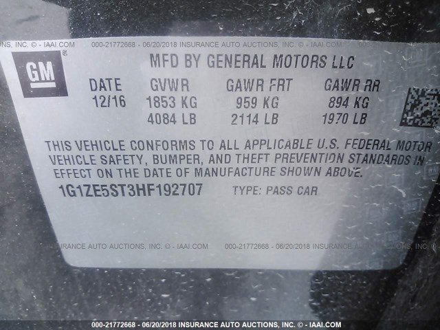 1G1ZE5ST3HF192707 - 2017 CHEVROLET MALIBU LT GRAY photo 9