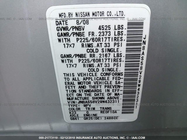 JN8AS58V29W432311 - 2009 NISSAN ROGUE S/SL SILVER photo 9