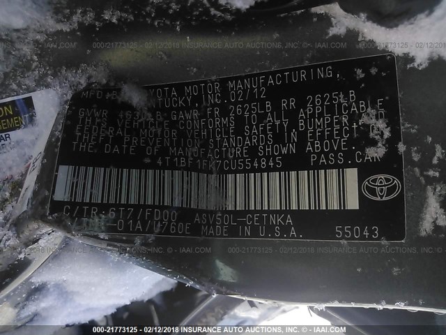 4T1BF1FK7CU554845 - 2012 TOYOTA CAMRY SE/LE/XLE Серый фото 9