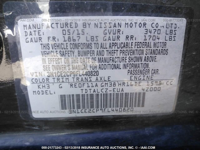 3N1CE2CP9FL440820 - 2015 NISSAN VERSA NOTE S/S PLUS/SV/SL/SR BLACK photo 9