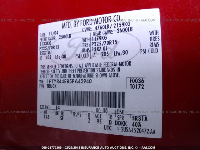 1FTYR44E85PA42940 - 2005 FORD RANGER SUPER CAB RED photo 9