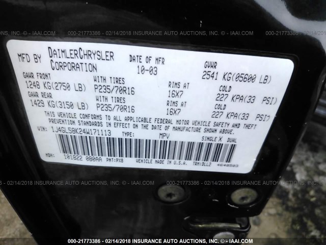 1J4GL58K24W171113 - 2004 JEEP LIBERTY LIMITED BLACK photo 9