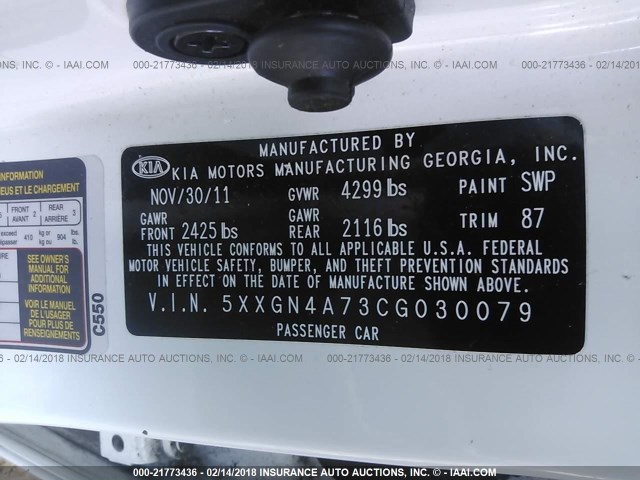 5XXGN4A73CG030079 - 2012 KIA OPTIMA EX WHITE photo 9