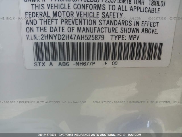2HNYD2H47AH525879 - 2010 ACURA MDX TECHNOLOGY WHITE photo 9