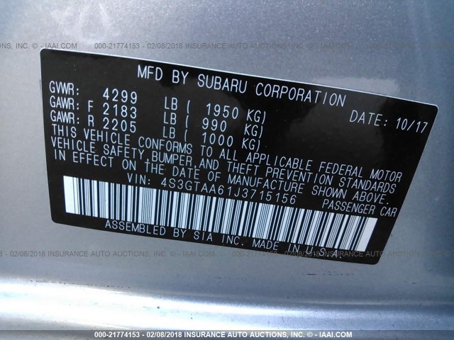 4S3GTAA61J3715156 - 2018 SUBARU IMPREZA SILVER photo 9