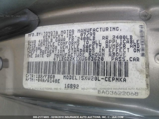 4T1BG22K1XU603620 - 1999 TOYOTA CAMRY CE/LE/XLE 银色 照片 9