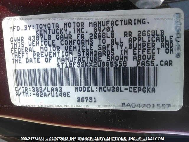 4T1BF32KX2U005558 - 2002 TOYOTA CAMRY LE/XLE/SE RED photo 9