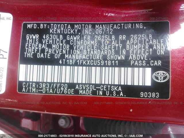 4T1BF1FKXCU591811 - 2012 TOYOTA CAMRY SE/LE/XLE RED photo 9