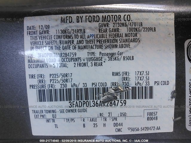 3FADP0L36AR284759 - 2010 FORD FUSION HYBRID GRAY photo 9