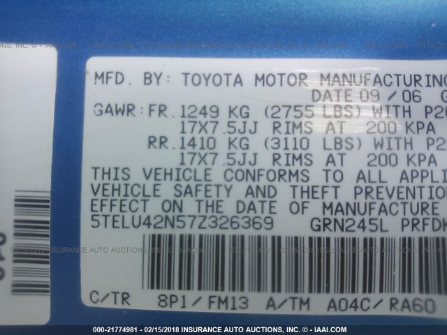 5TELU42N57Z326369 - 2007 TOYOTA TACOMA DOUBLE CAB BLUE photo 9