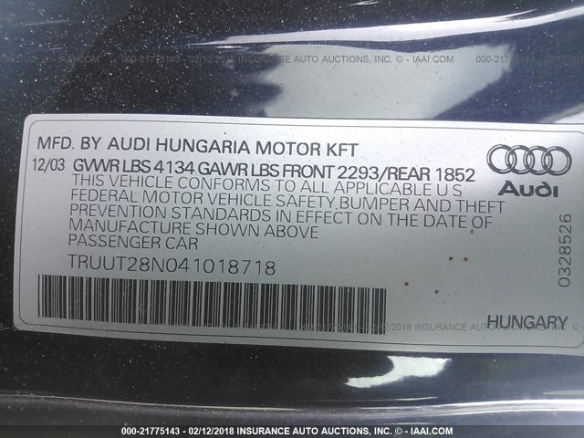 TRUUT28N041018718 - 2004 AUDI TT QUATTRO BLUE photo 9