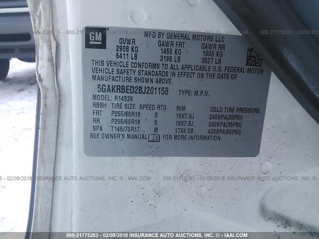 5GAKRBED2BJ201158 - 2011 BUICK ENCLAVE CXL 白色 照片 9