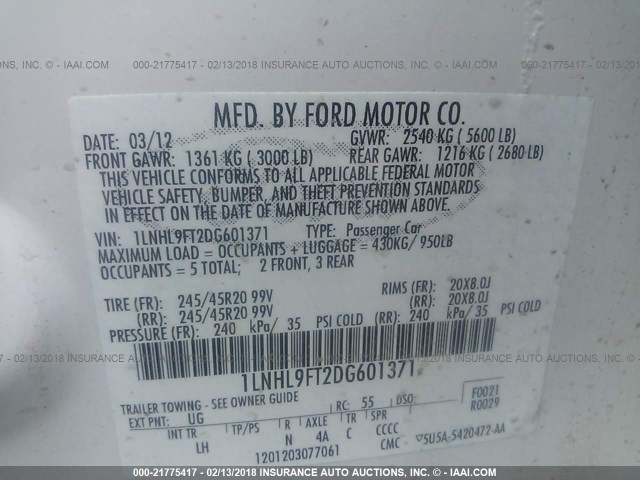 1LNHL9FT2DG601371 - 2013 LINCOLN MKS WHITE photo 9