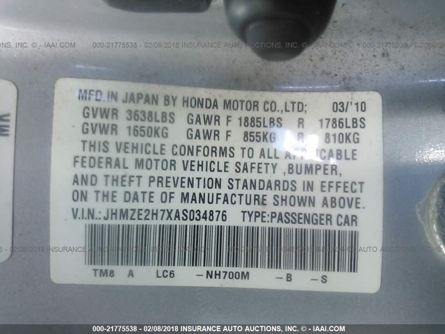 JHMZE2H7XAS034876 - 2010 HONDA INSIGHT EX SILVER photo 9