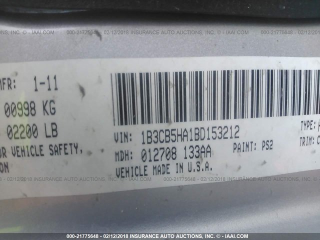 1B3CB5HA1BD153212 - 2011 DODGE CALIBER HEAT SILVER photo 9