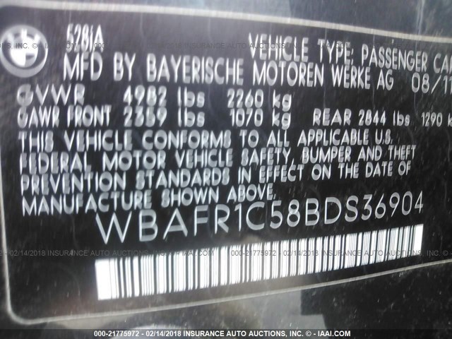 WBAFR1C58BDS36904 - 2011 BMW 528 I GRAY photo 9