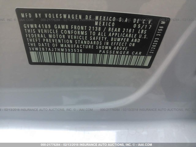 3VW2B7AJ7HM393536 - 2017 VOLKSWAGEN JETTA S 白色 照片 9
