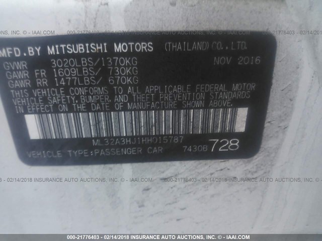ML32A3HJ1HH015787 - 2017 MITSUBISHI MIRAGE ES WHITE photo 9