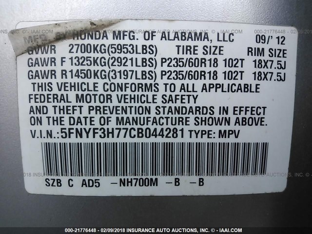 5FNYF3H77CB044281 - 2012 HONDA PILOT EXLN SILVER photo 9