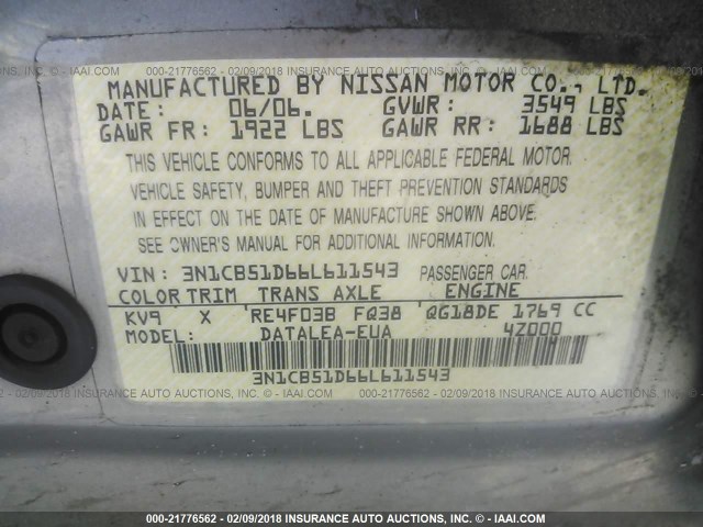 3N1CB51D66L611543 - 2006 NISSAN SENTRA 1.8/1.8S SILVER photo 9