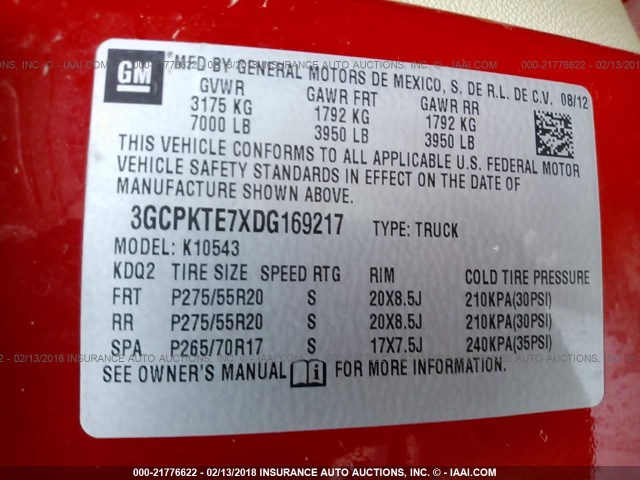 3GCPKTE7XDG169217 - 2013 CHEVROLET SILVERADO K1500 LTZ RED photo 9