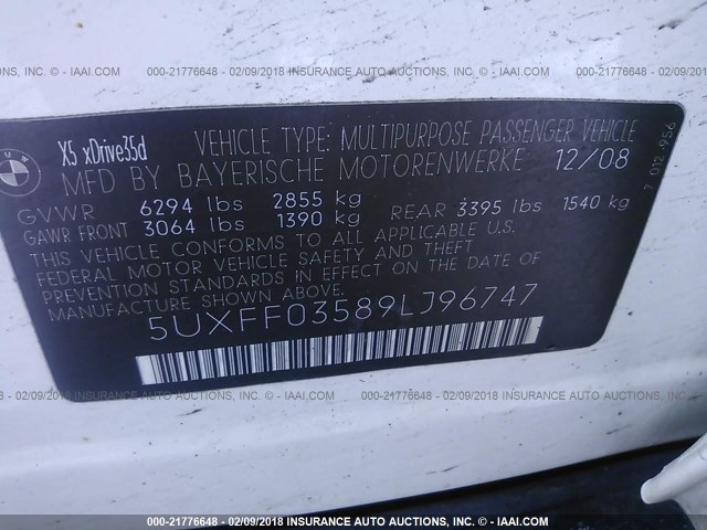 5UXFF03589LJ96747 - 2009 BMW X5 XDRIVE35D Blanc photo 9