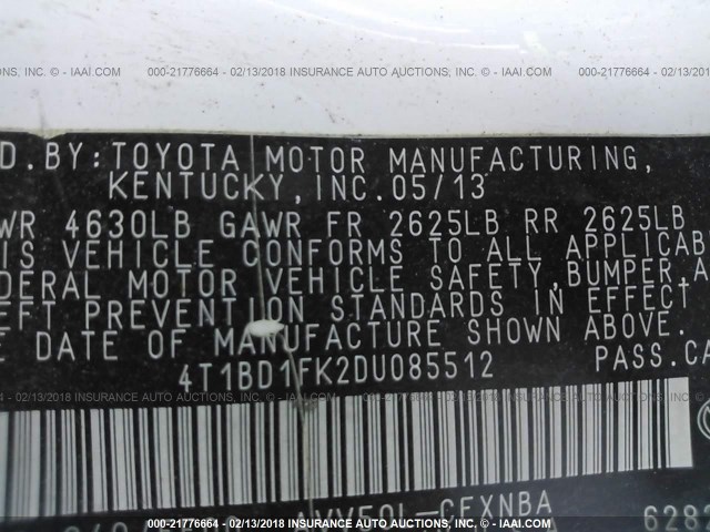 4T1BD1FK2DU085512 - 2013 TOYOTA CAMRY HYBRID/LE/XLE 白色 照片 9