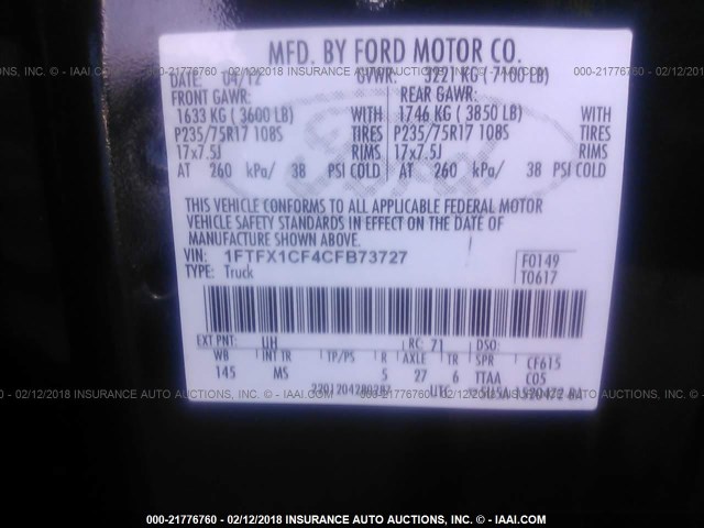 1FTFX1CF4CFB73727 - 2012 FORD F150 SUPER CAB BLACK photo 9