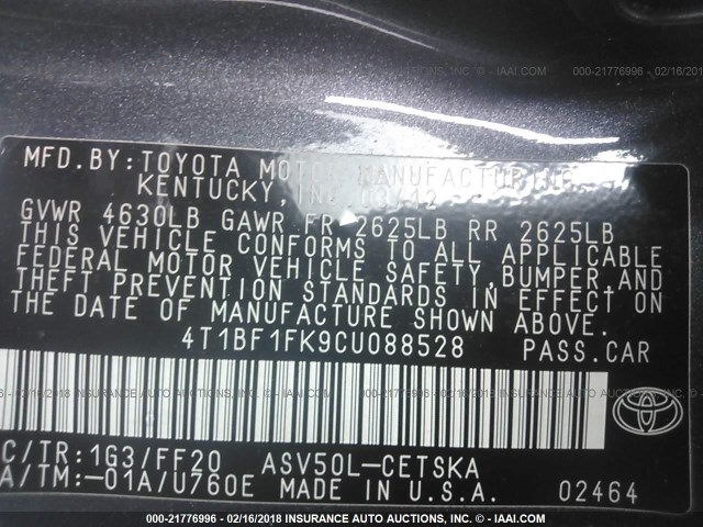 4T1BF1FK9CU088528 - 2012 TOYOTA CAMRY SE/LE/XLE Pewter photo 9