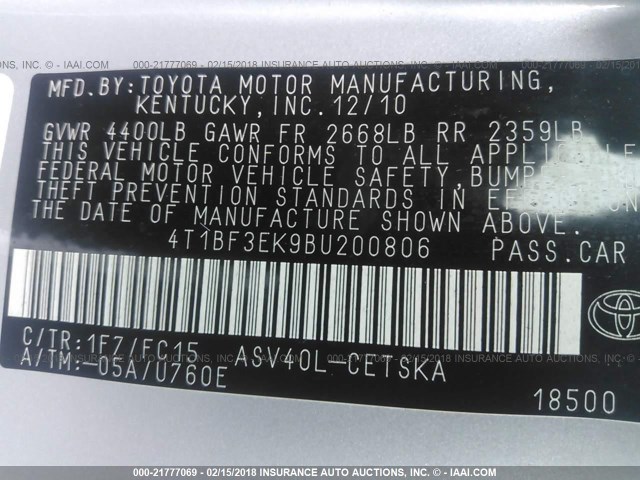 4T1BF3EK9BU200806 - 2011 TOYOTA CAMRY SE/LE/XLE ვერცხლისფერი ფოტო 9